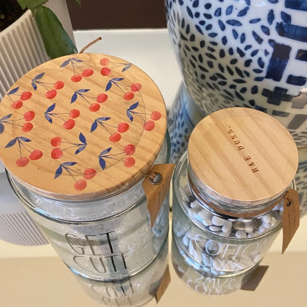 Rae Dunn Glass Storage Jars with Wooden Lids
